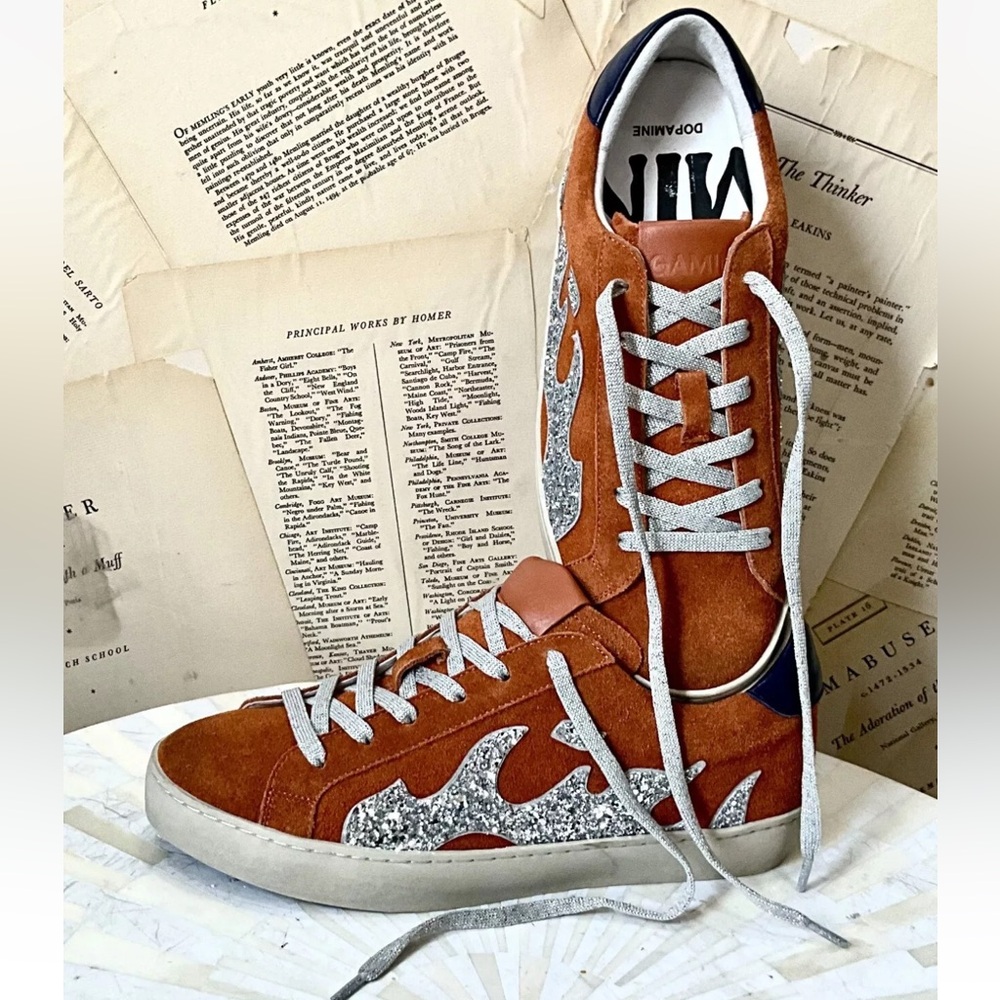 Anthropologie Bibi Lou Gamin Sneaker Orange Suede Glitter Flame